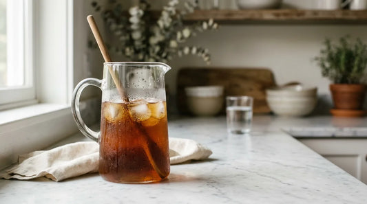 Clear glass pitcher of amber iced tea with condensation droplets on a white marble countertop