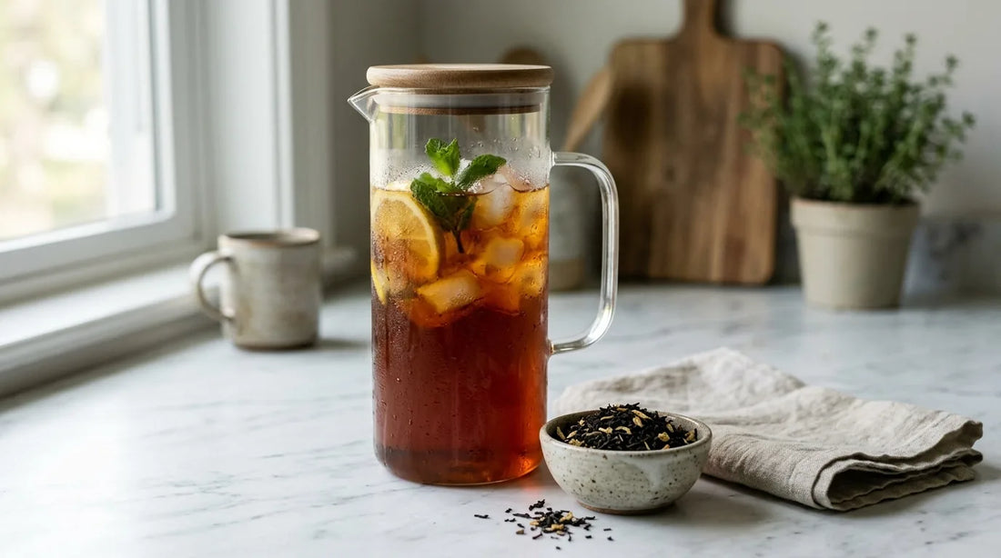 Sealed glass pitcher of fresh iced tea with condensation on a marble surface beside loose-leaf tea and linen napkin