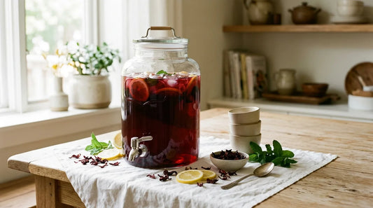 Large clear glass dispenser of ruby hibiscus iced tea for a group, surrounded by dried petals, lemon rounds, and mint on a linen-covered oak table