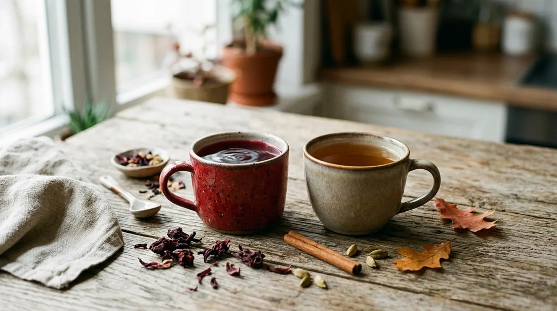 Two ceramic mugs side by side on a wooden surface — one with deep ruby hibiscus tea and one with warm amber herbal brew — surrounded by dried hibiscus, cinnamon, and cardamom
