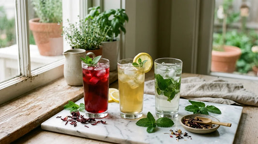 Three glasses of iced tea—hibiscus, green tea, and mint—on a marble surface with dried petals and lemon slices