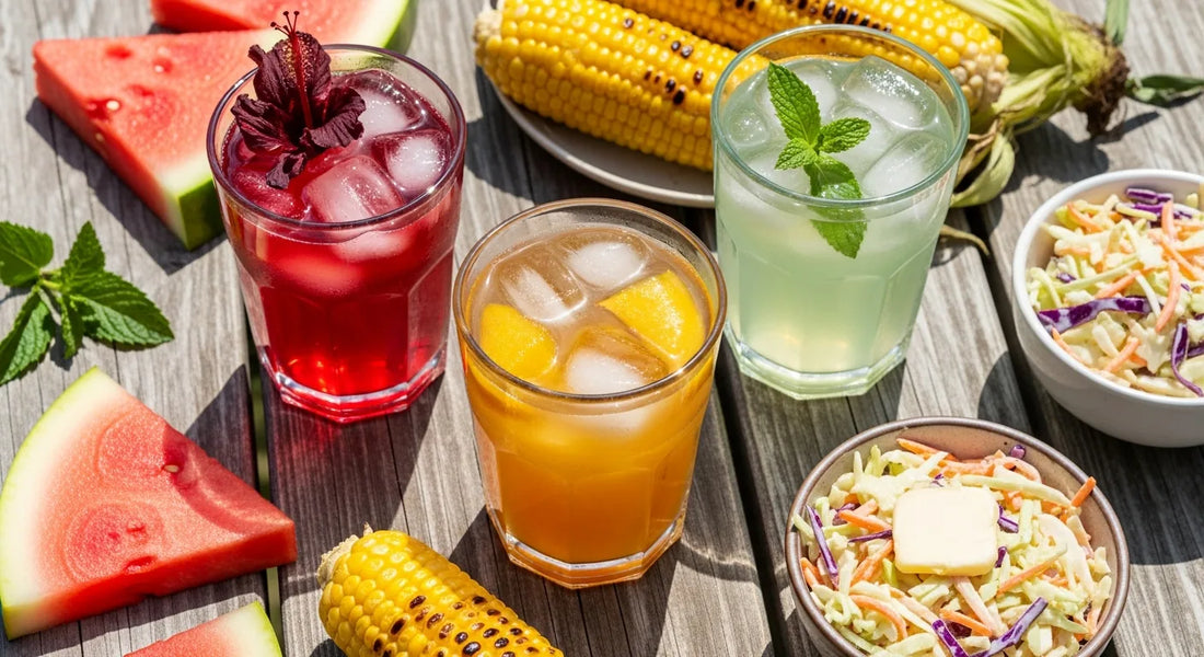 Iced tea pairings for BBQ sides — hibiscus, peach, and mint iced tea glasses alongside coleslaw, grilled corn, and watermelon on a summer picnic table
