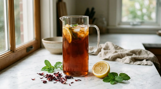 Clear glass pitcher of amber iced tea on marble with dried hibiscus petals, halved lemon, and fresh mint sprigs