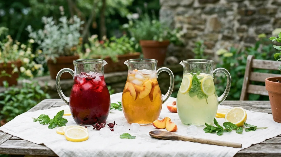 Three glass pitchers of hibiscus, peach, and citrus iced tea for a crowd on an outdoor linen table with lemon slices and mint