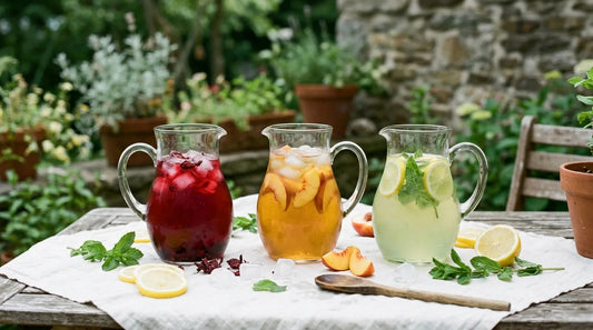 Three glass pitchers of hibiscus, peach, and citrus iced tea for a crowd on an outdoor linen table with lemon slices and mint
