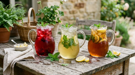 Three glass pitchers of hibiscus, green, and black iced tea on a weathered outdoor wooden table with mint and lemon slices