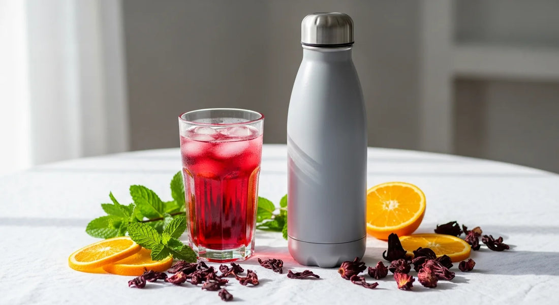 Insulated stainless steel bottle next to a glass of ruby iced hibiscus-citrus tea with orange slices and mint on white linen