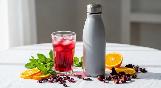 Insulated stainless steel bottle next to a glass of ruby iced hibiscus-citrus tea with orange slices and mint on white linen