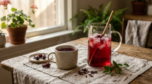 Ceramic mug of hot hibiscus tea beside a glass pitcher of iced hibiscus tea on a linen-covered wooden surface