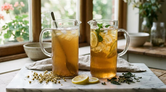 Two glass pitchers of iced tea side by side on white marble — left pitcher cloudy and murky, right pitcher crystal clear amber — showing the before and after of cloudy iced tea fix