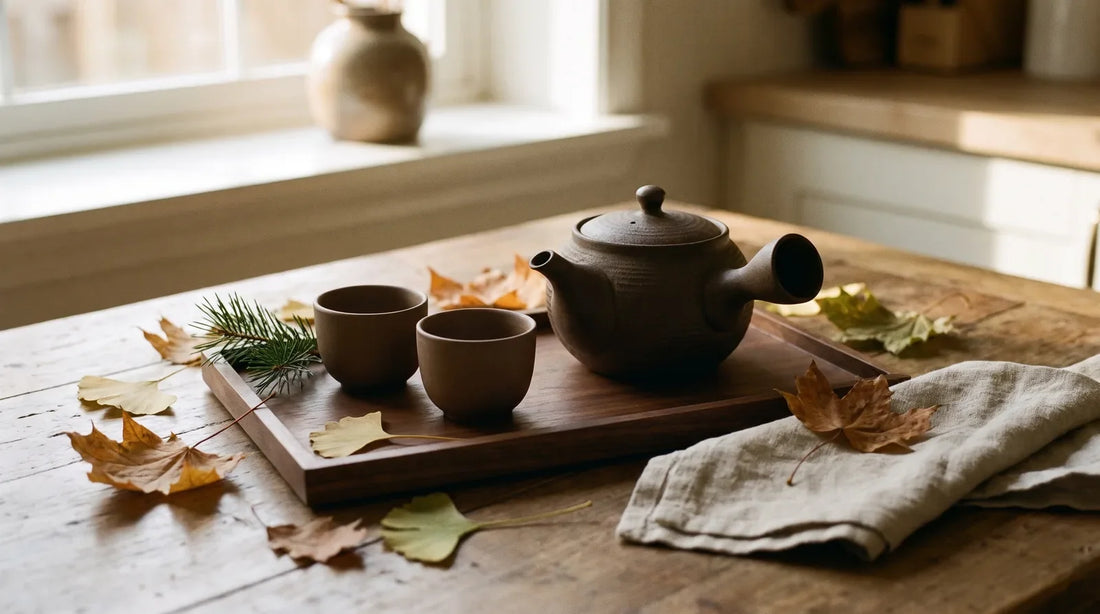 Japanese ceramic kyusu teapot and handleless cups on a dark walnut tray with amber autumn leaves and a pine sprig