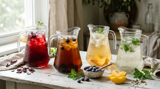Four glass pitchers of festive iced teas — deep ruby hibiscus, amber berry black, pale gold peach green, and clear mint herbal — on a white wood surface with summer garnishes
