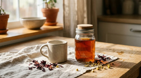 Ceramic mug and sealed glass cold-brew jar on a linen-covered oak surface with scattered hibiscus petals and chamomile flowers in warm afternoon light