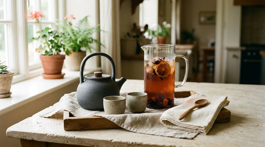 Ceramic teapot, handleless cups, and a glass pitcher of iced tea on a linen-draped oak tray — June tea routine wrap-up