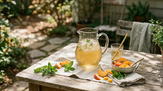 Glass pitcher of iced peach-mango tea on a linen-draped outdoor brunch table with fresh fruit and mint