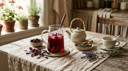 Late summer tea spread with cold-brewed hibiscus, green tea, and dried lavender on a linen-covered wooden table