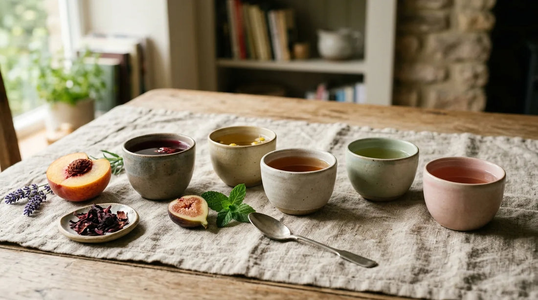 Five ceramic cups of late summer tea pairings on linen with peach slices, lavender, fig, and dried hibiscus