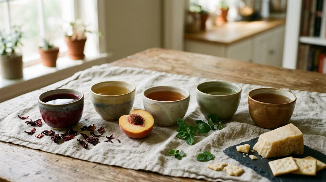 Five ceramic cups of different-colored teas arranged on a linen cloth with peach, mint, hibiscus petals, and cheese for a late summer pairing guide