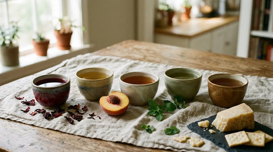 Five ceramic cups of different-colored teas arranged on a linen cloth with peach, mint, hibiscus petals, and cheese for a late summer pairing guide