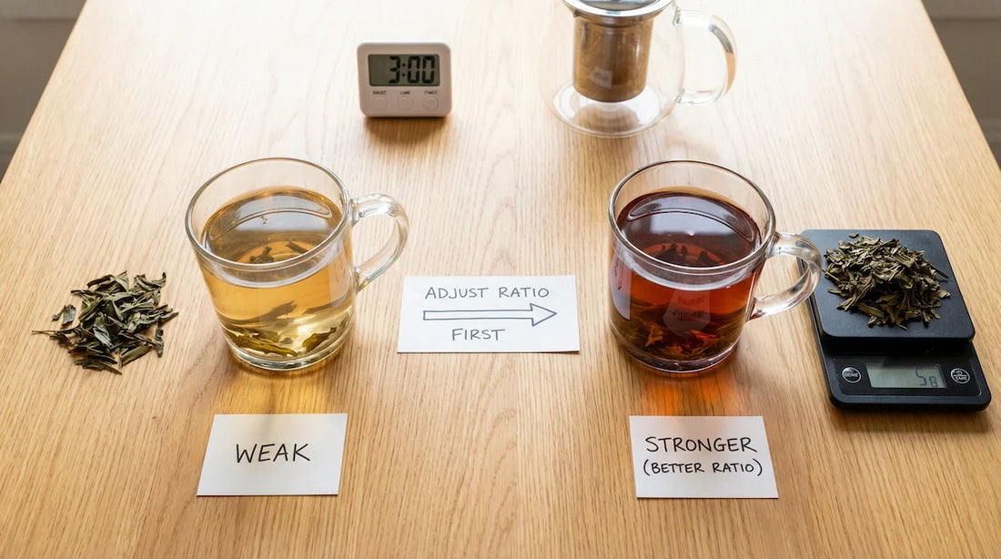 A comparison photo showing a weak cup of tea with few leaves versus a stronger, darker cup of tea with more leaves on a scale, illustrating that adjusting the leaf-to-water ratio is the first step to fix weak tea.