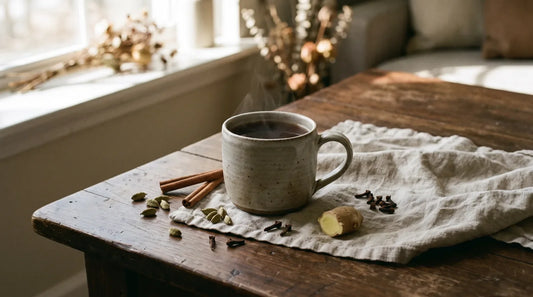 Ceramic mug of amber masala chai surrounded by cardamom pods, cinnamon sticks, cloves, and fresh ginger on a dark walnut surface