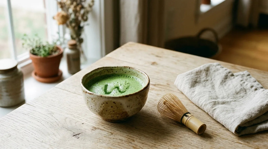 Ceramic matcha bowl with green froth beside a bamboo whisk on an oak desk — best tea for workday focus