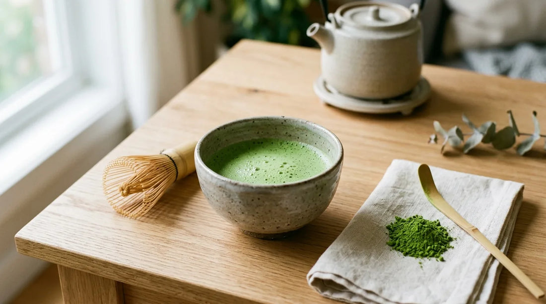 Ceramic matcha bowl with frothy green matcha beside a bamboo whisk and scoop on a light oak desk surface with a folded linen cloth