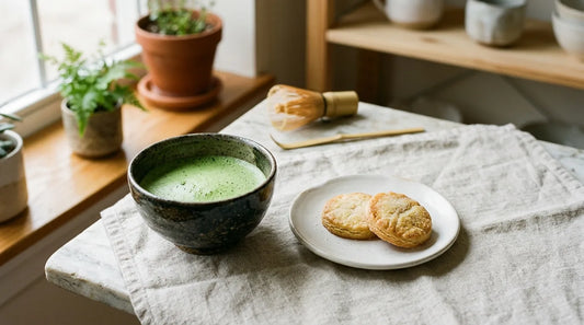 Ceramic matcha bowl with frothy ceremonial matcha beside golden shortbread cookies on a marble surface with linen cloth