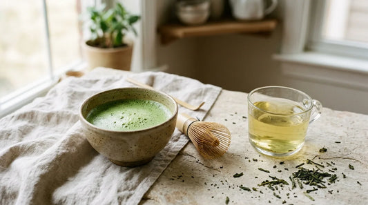 Ceramic matcha bowl and glass of brewed green tea on linen with scattered tea leaves and bamboo whisk