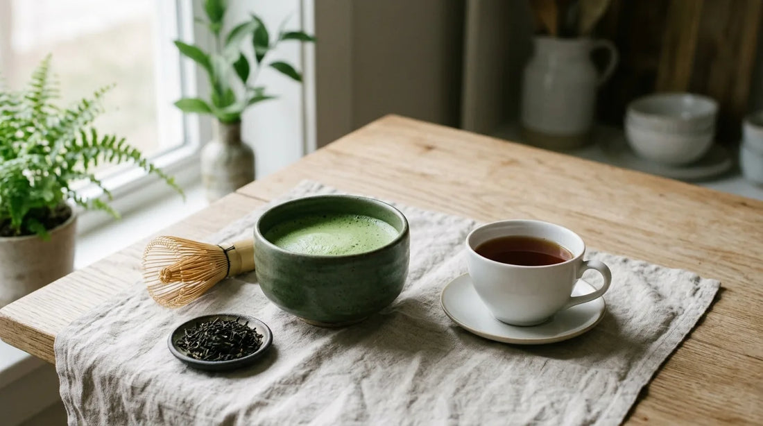 Ceramic matcha bowl with vibrant green frothy matcha beside a white porcelain teacup of dark amber black tea on a linen cloth with a bamboo whisk on an oak surface