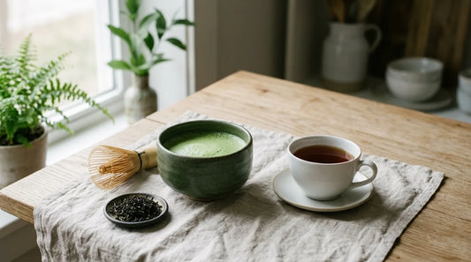 Ceramic matcha bowl with vibrant green frothy matcha beside a white porcelain teacup of dark amber black tea on a linen cloth with a bamboo whisk on an oak surface