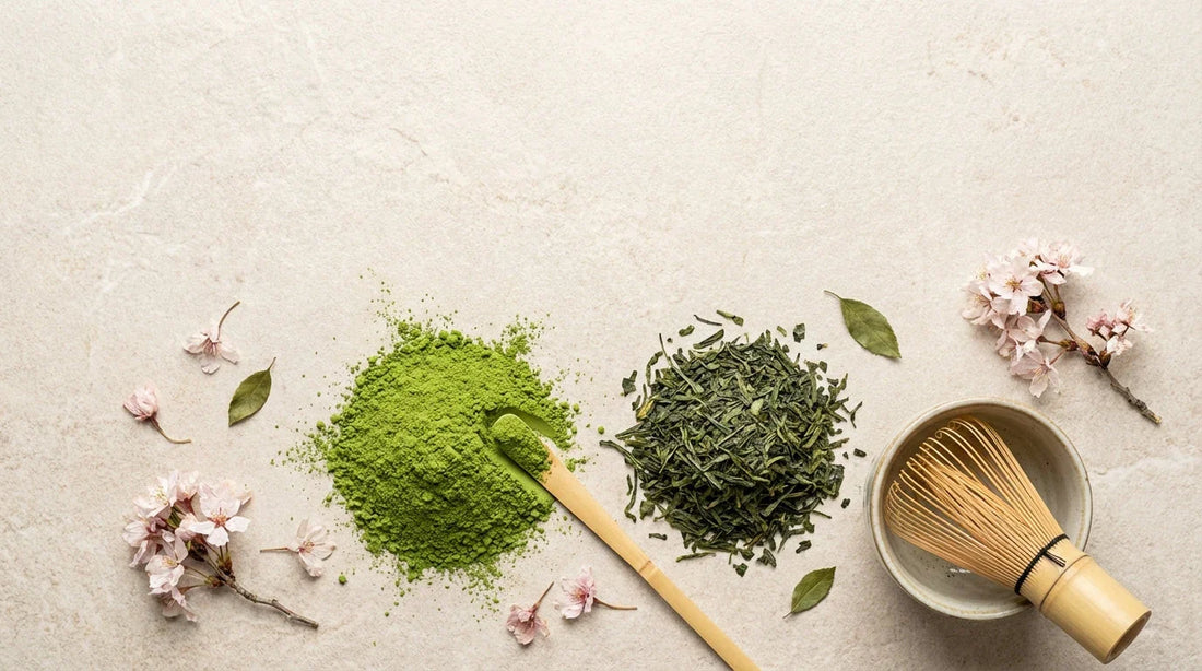 matcha powder and green tea leaves flat lay, premium minimalist tea branding image