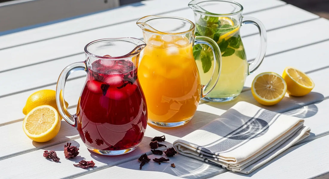 Three glass pitchers of hibiscus-berry, peach, and mint-citrus iced tea on an outdoor wooden table with lemon slices and linen napkin for Memorial Day