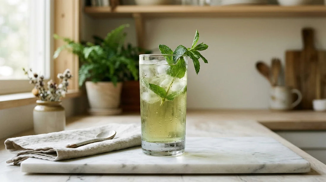 Tall glass of mint iced tea with fresh mint sprigs on a white marble surface