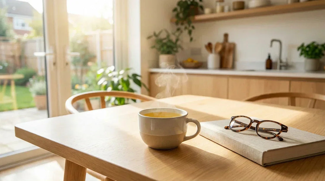 A bright morning lifestyle shot showing a steaming cup of tea on a sunlit wooden table, representing a smooth and energetic start to the day.