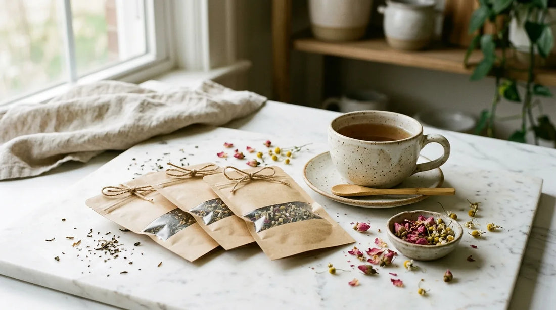Mother's Day tea gift set with kraft pouches, ceramic teacup, and dried rose petals on white marble