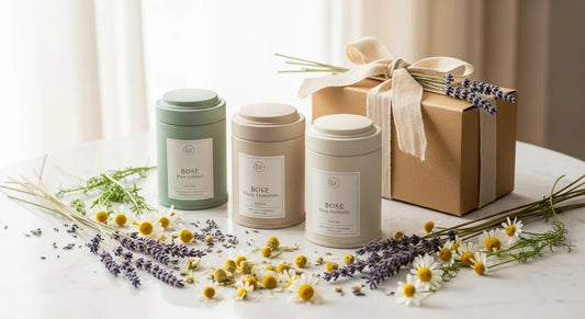 Curated tea gift set with small matte tins and linen ribbon on a marble surface