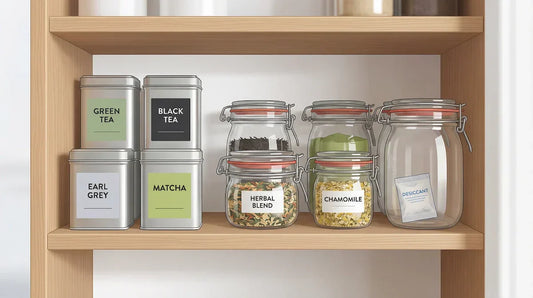 A neat illustrative view of a dry pantry shelf with labelled airtight tea containers, featuring soft natural lighting.
