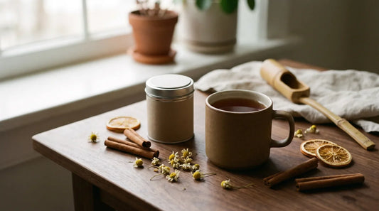 Ceramic mug of amber tea surrounded by cinnamon sticks, dried chamomile flowers, and a small tin canister on a walnut surface for an October fall tea routine
