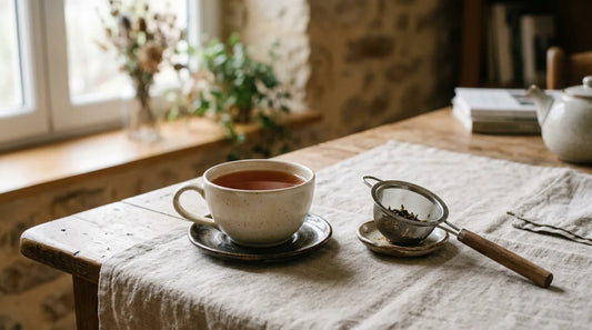 Ceramic teacup with deep amber over-steeped tea beside a resting infuser on a linen-covered wooden surface
