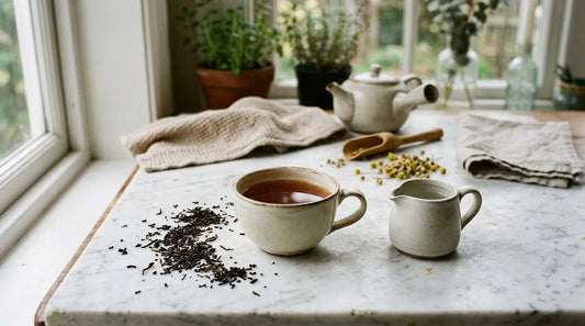 A ceramic teacup of strong amber tea on a marble surface beside a small pitcher of hot water, ready to dilute an overbrewed cup