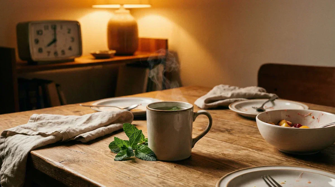 Post-meal peppermint tea with clock.