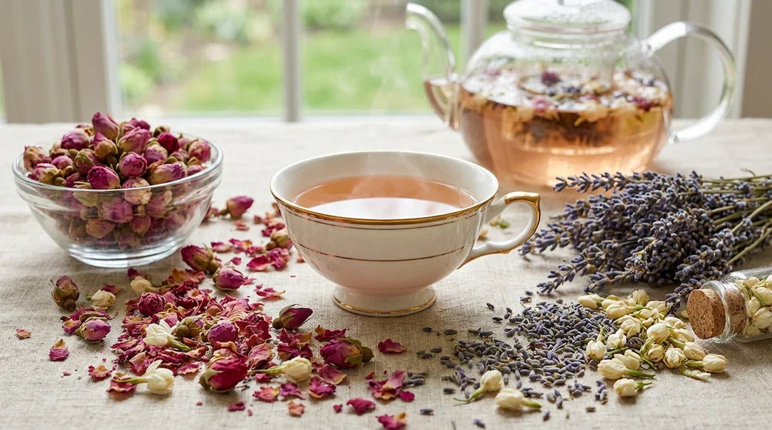An overhead close-up of a delicate porcelain teacup filled with pink floral tea, surrounded by abundant dried rose petals, lavender, and jasmine blossoms in soft natural daylight, conveying an intense, perfume-like aroma.