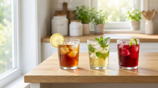 A bright photograph of three glasses of iced tea (black, green, and hibiscus) on a light wooden table, garnished with lemon and mint in natural daylight.