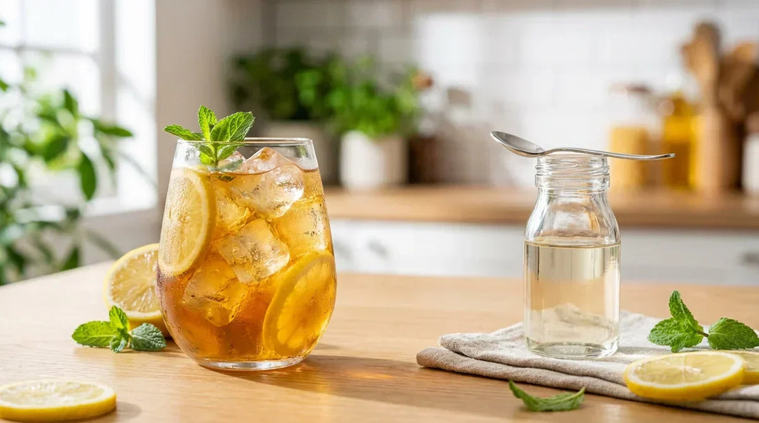 A glass of iced tea with lemon and mint next to a small bottle of simple syrup on a sunny wooden table.