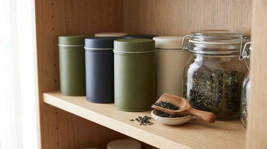 A well-organized pantry shelf displaying sealed metal tea tins, a glass airtight jar filled with loose tea, and a wooden scoop in soft, diffused daylight, suggesting cool and dry storage.