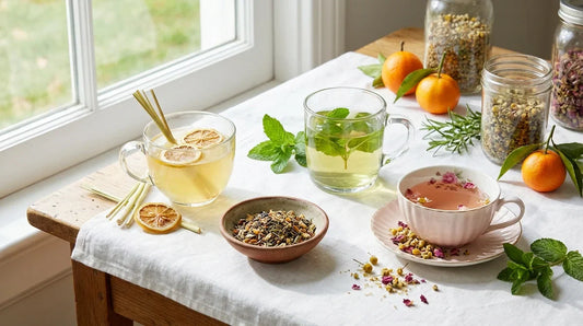 A premium editorial hero photograph showing four spring herbal teas—citrus, mint, floral, and a loose leaf blend—arranged elegantly on a bright table with natural light and fresh garnishes.