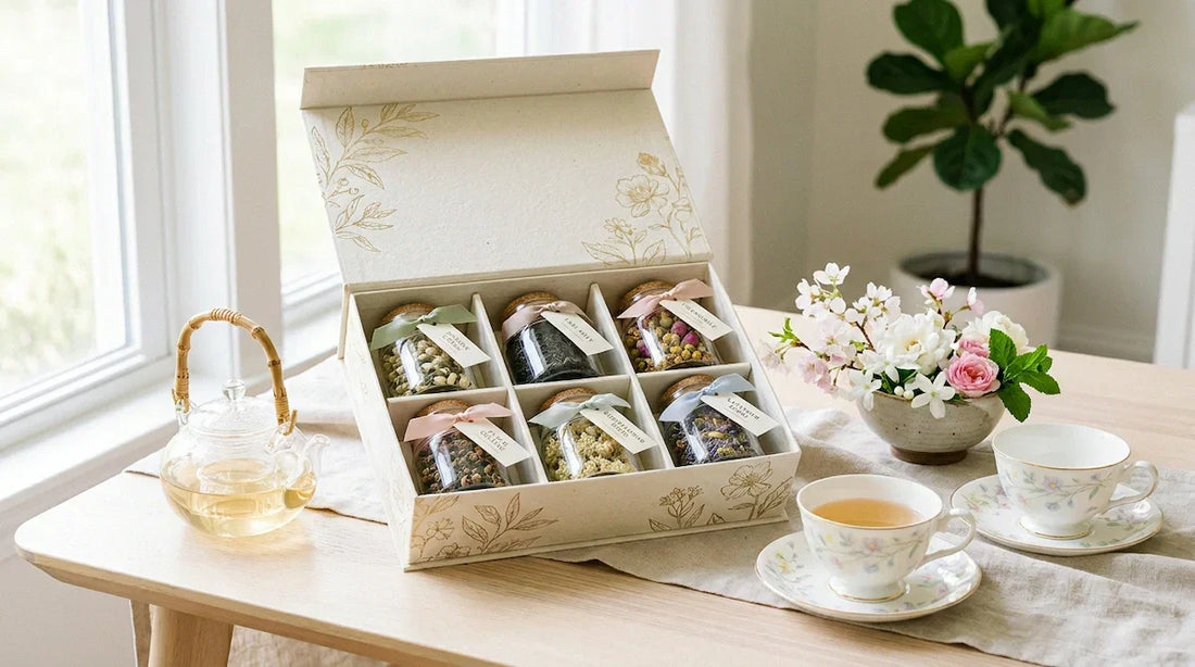 A refined spring tea gift scene with an open premium tea sampler box featuring six glass jars, silk ribbons, two delicate china teacups, and fresh spring flowers on a light wood table under natural daylight.
