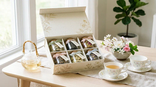 A refined spring tea gift scene with an open premium tea sampler box featuring six glass jars, silk ribbons, two delicate china teacups, and fresh spring flowers on a light wood table under natural daylight.