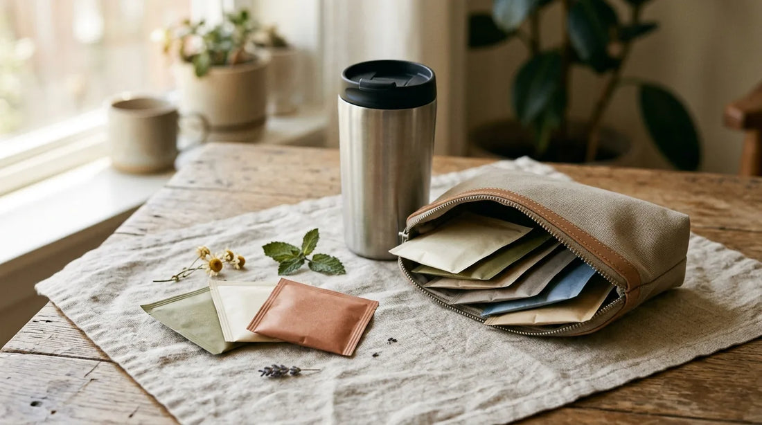 Road trip tea kit with individually wrapped sachets and an insulated stainless-steel travel mug on a linen cloth